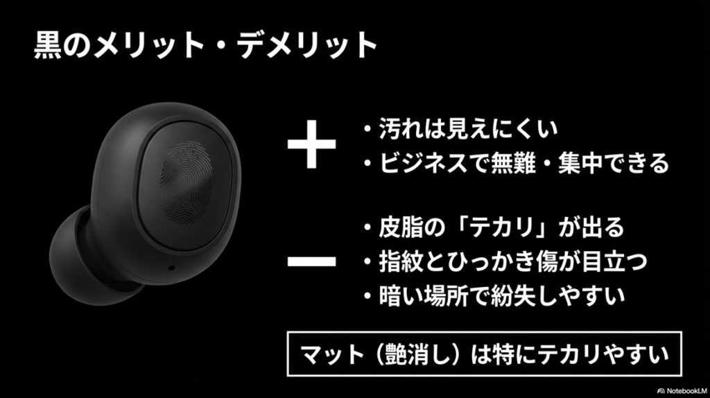 黒いイヤホンの「汚れの見えにくさ」「ビジネス利用」の利点と、「皮脂テカリ」「傷の目立ち」「紛失リスク」の欠点をまとめた比較図。