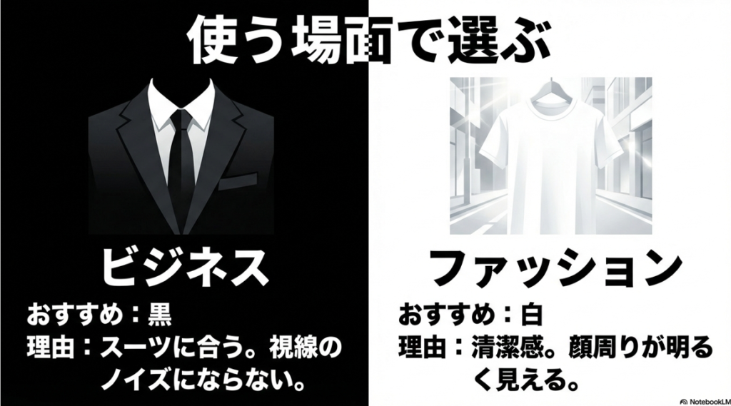 スーツには黒、ファッションには白がおすすめである理由を解説したシーン別カラー選択ガイド。