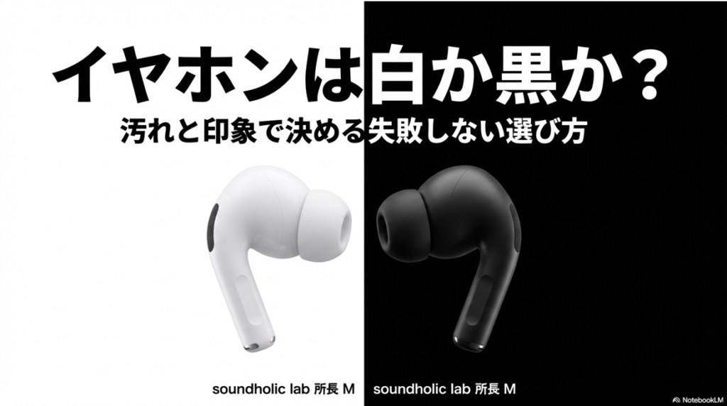 イヤホンの白と黒の選び方を「汚れ」と「印象」の観点から解説するスライド資料の表紙画像。