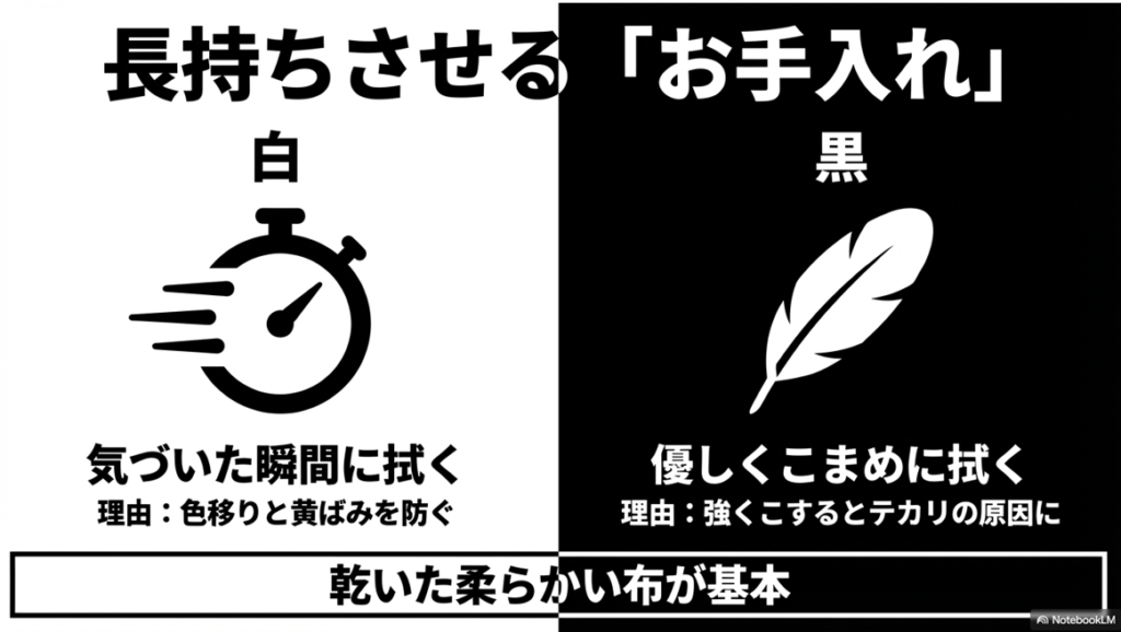 白は黄ばみ防止のため「気づいた瞬間に拭く」、黒はテカリ防止のため「優しくこまめに拭く」というメンテナンスの基本方針。
