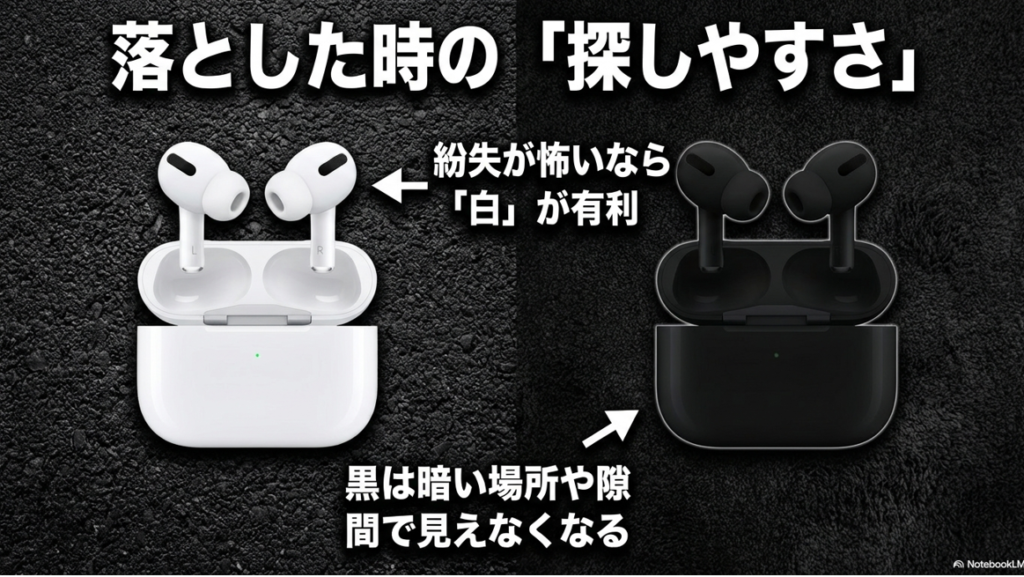 暗いアスファルトの上などで、白は見つけやすく、黒は見失いやすいことを視覚的に示したスライド。