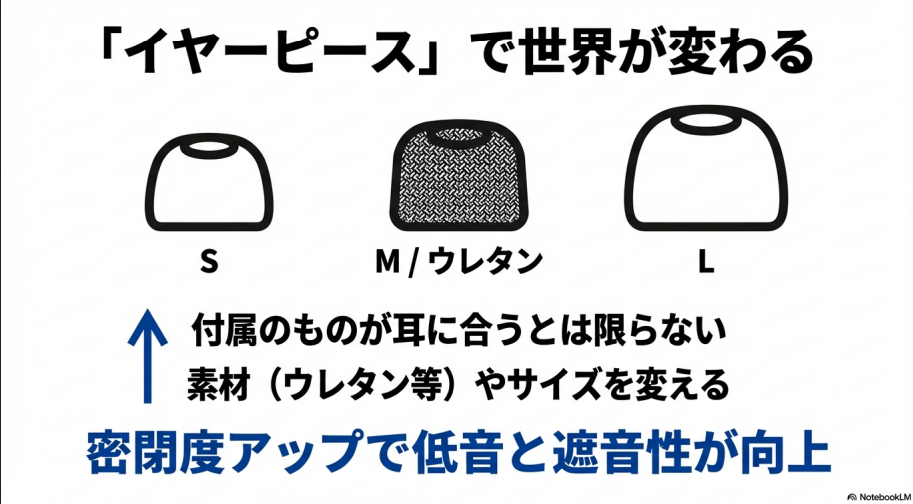 サイズや素材(ウレタン等)の異なるイヤーピースの比較図。密閉度を上げることで遮音性と低音が向上することを説明。