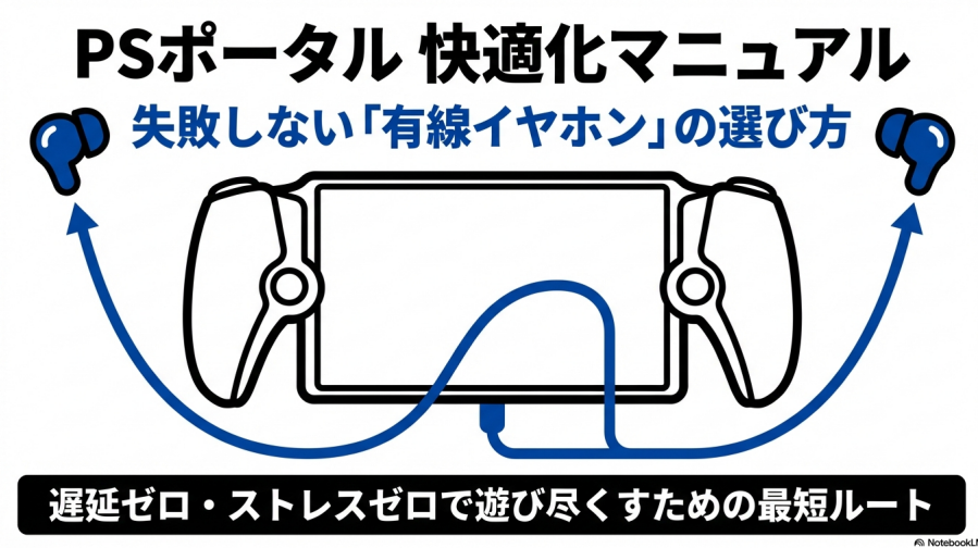 PSポータルを快適に遊ぶための有線イヤホン選びの表紙。NotebookLM作成の快適化マニュアル。