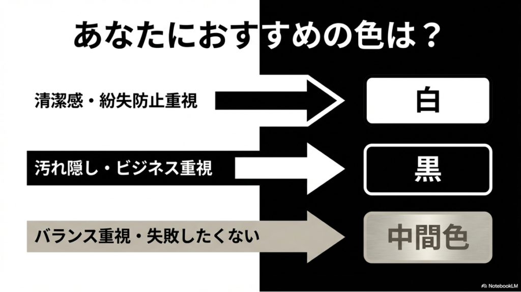 重視するポイント（清潔感、汚れ隠し、バランス）に応じて、白・黒・中間色のどれを選ぶべきかを示すフロー。