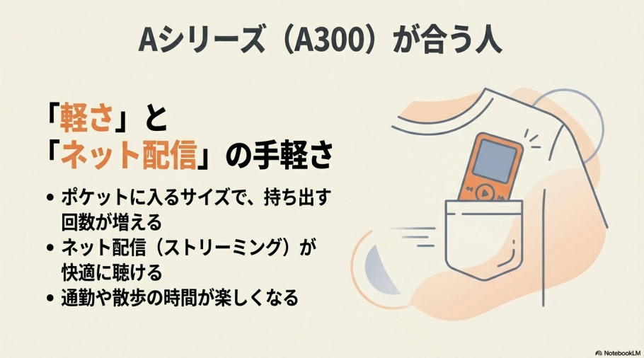 軽量さとネット配信の手軽さを重視し、通勤や散歩で音楽を楽しみたい人にAシリーズが合うことを説明するスライド。