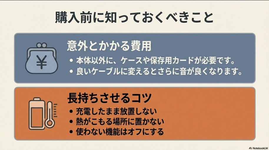 本体以外にケースやSDカードなどの費用がかかることや、充電放置を避けるなど長持ちさせるコツをまとめたスライド。