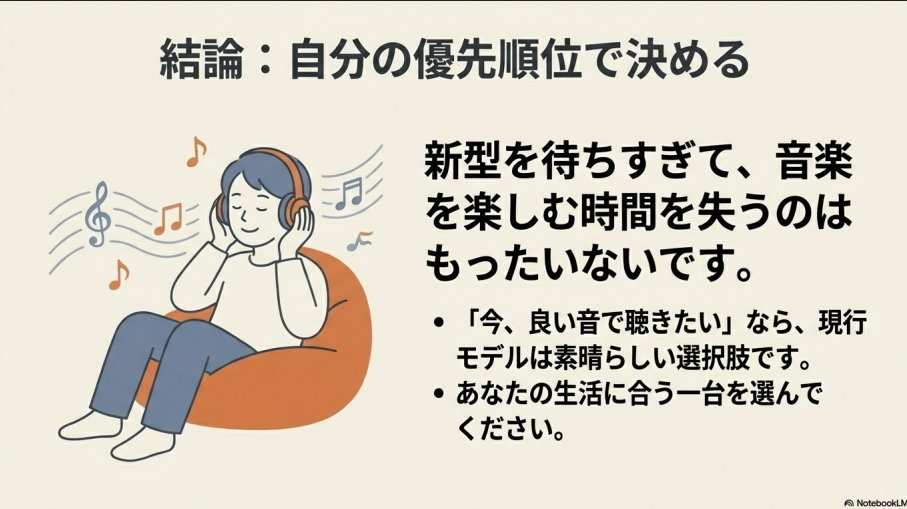 新型を待ちすぎて音楽を楽しむ時間を失うより、今良い音で聴きたいなら現行モデルが素晴らしい選択肢であるという結論。