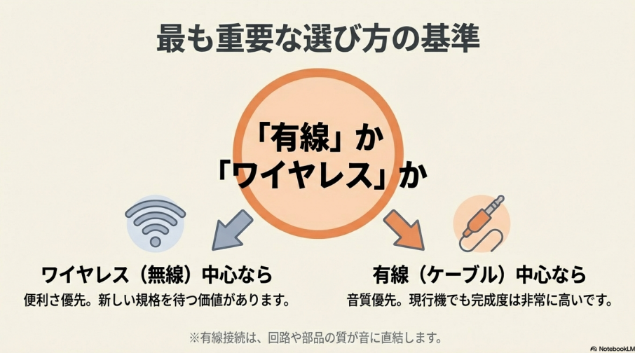 ワイヤレス中心なら新規格を待つ価値があり、有線中心なら現行機でも完成度が高いことを示す比較図