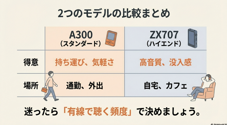 スタンダードなA300とハイエンドなZX707の得意分野（持ち運びか高音質か）を比較した表形式のスライド