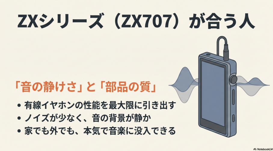 部品の質や音の静けさを重視し、有線イヤホンの性能を最大限引き出したい人にZXシリーズが合うことを説明するスライド